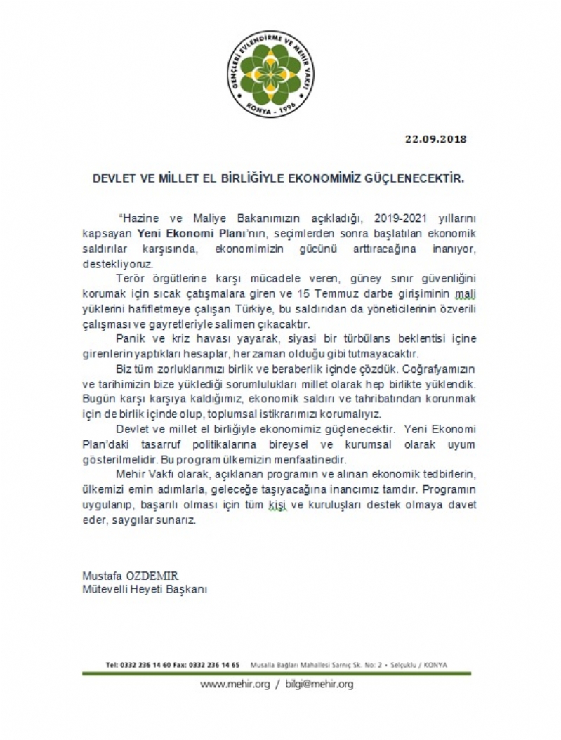 MÜT. HYT. BŞK.´MIZIN ´´YENİ EKONOMİ PLANI´´ İLE İLGİLİ BASIN BİLDİRİSİ. 
