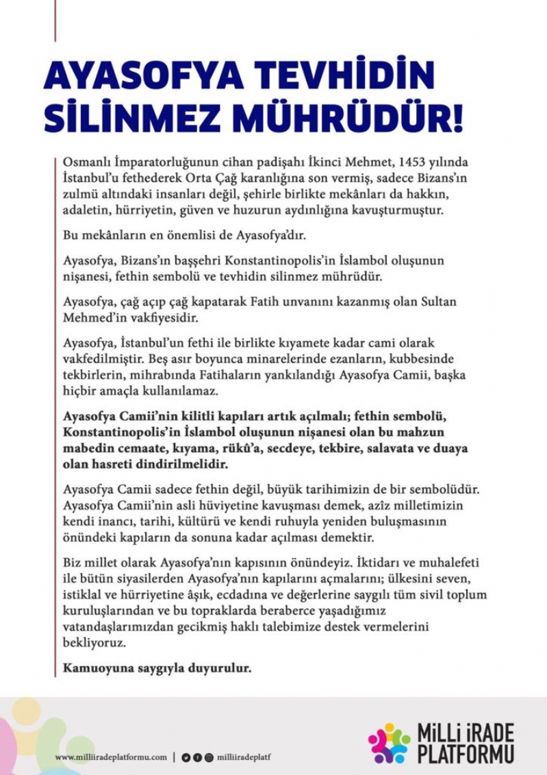 Kamuoyu Açıklaması : AYASOFYA TEVHİDİN SİLİNMEZ MÜHRÜDÜR! 