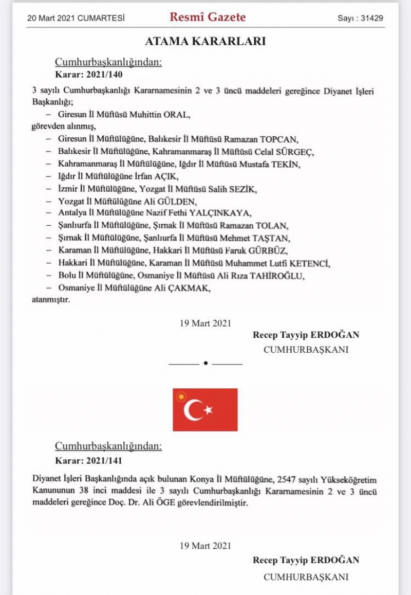 KONYA İL MÜFTÜLÜĞÜNE ATANAN ALİ ÖGE HOCAMIZA BAŞARILAR DİLERİZ... 